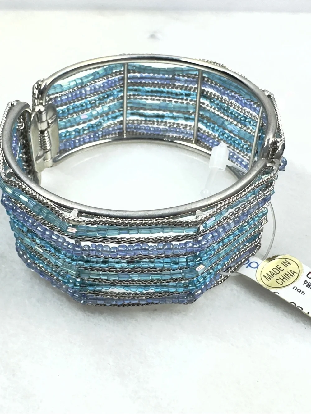 Silver-Tone Multi-Row Blue Beaded Cuff Bracelet